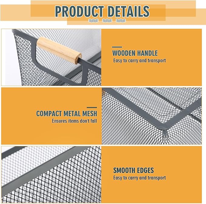 4 Pcs Metal Wire Basket with Wooden Handles Mesh Steel Storage Organizer Bin Containers for Home Organizing Cabinet Pantry Closet Kitchen Fridge Fruit Makeup Snacks Gifts(Small,Dark Gray)