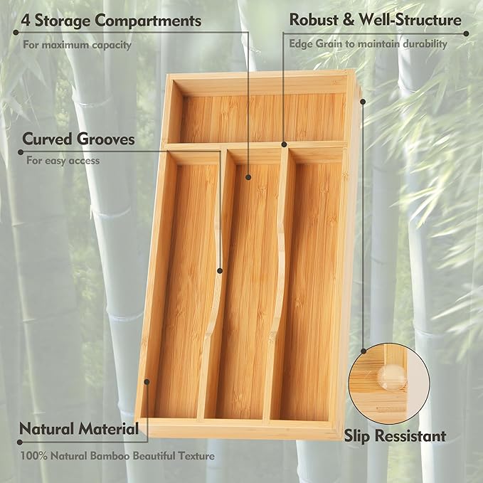 Bamboo Kitchen Drawer Organizer, 7 Inch Silverware Utensil Holder for Small Drawer, Wood Silverware Organizer for Cutlery