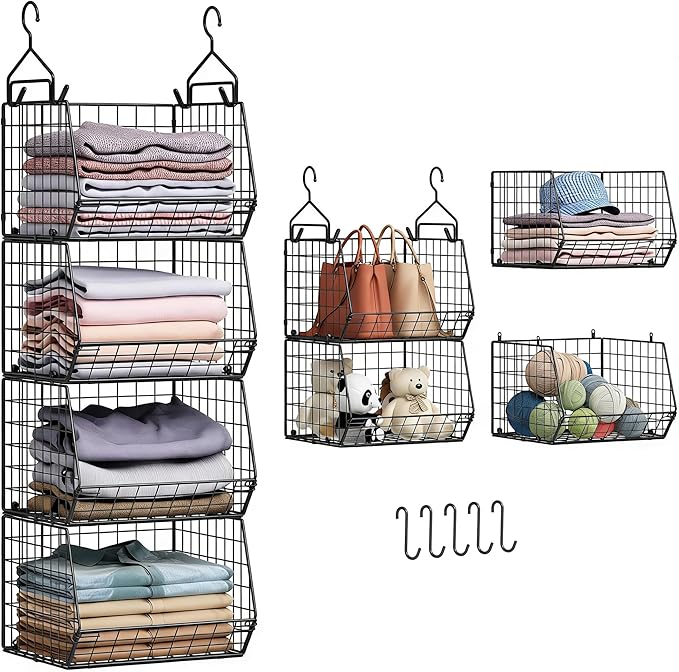 4 Tier Closet Hanging Organizer, Closet Organizers and Storage with 5 S Hooks, Closet Hanging Shelves & Freestanding Wire Storage Basket Bins, for Clothing Shoes Handbags Clutches Accessories Patent