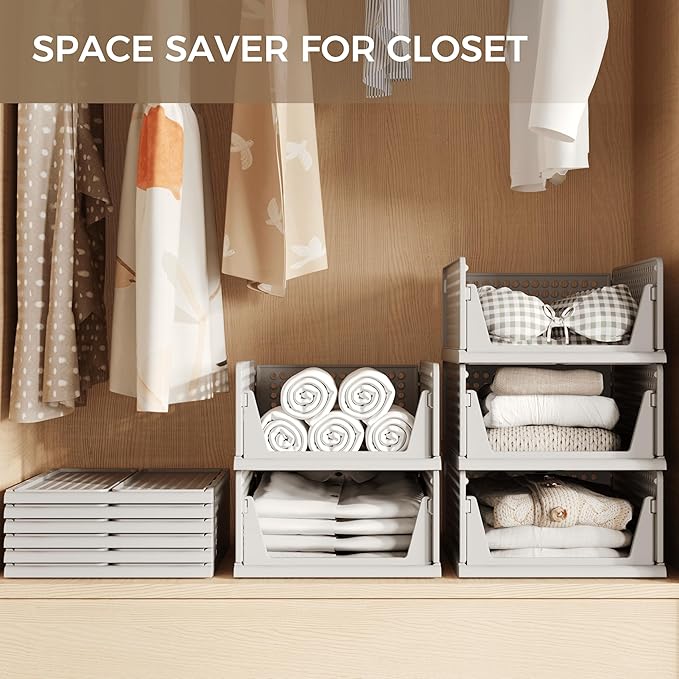 Pinkpum Grey 6 Pack Closet Organizers Storage Bins, Stackable Plastic Drawer Basket for Clothing, Stackable Storage Bins Shelf Storage Container for Closet Wardrobe Bedroom Bathroom Office