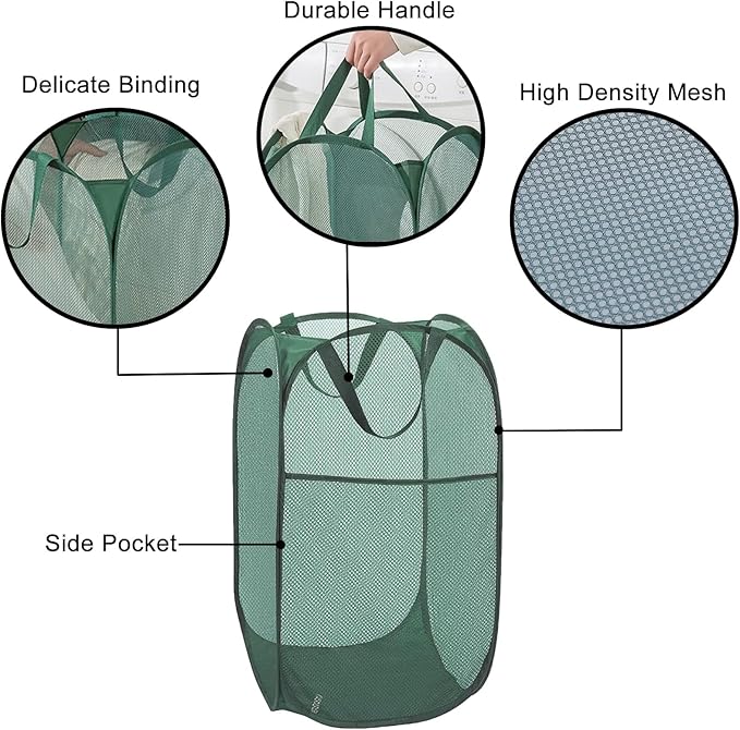 Pop Up Laundry Basket, Collapsible Mesh Laundry Hamper, Vertical Popup Hamper for Laundry, Spacing Saving Storage Basket for Bedroom, Hotel, Cruise, Green