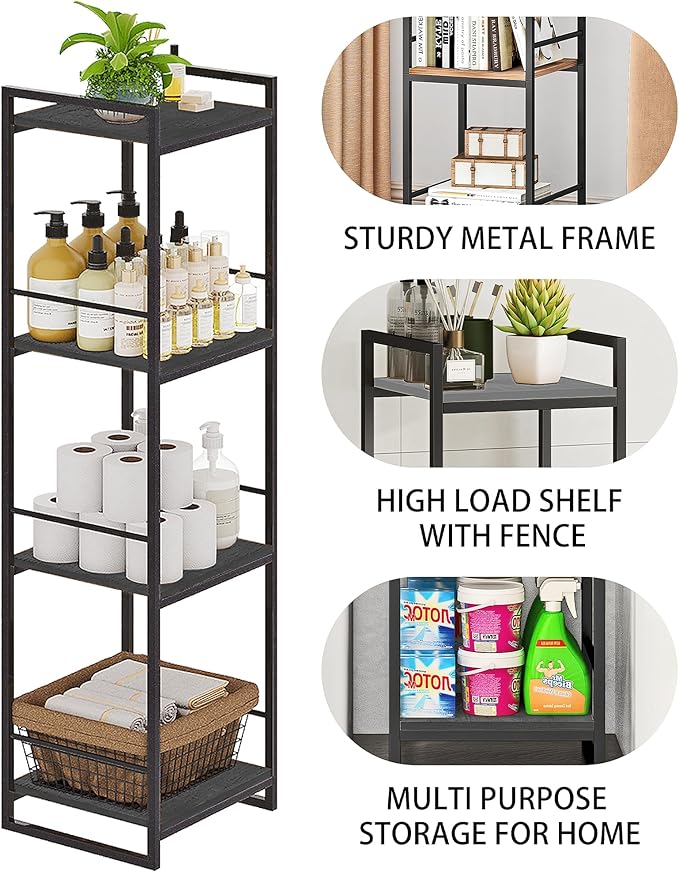 BYFU 4 Tier Bathroom Storage Open Shelf, Freestanding Metal Corner Storage Rack Shelving Unit for Bathroom Kitchen Living Room Hallway, Black