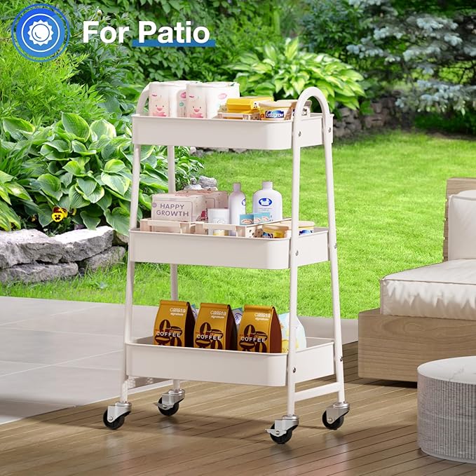 OLIXIS 3 Tier Utility Rolling Cart, Metal Mobile Storage Shelf with Lockable Caster Wheels, Organization for Livingroom, Bathroom & Narrow Places, White
