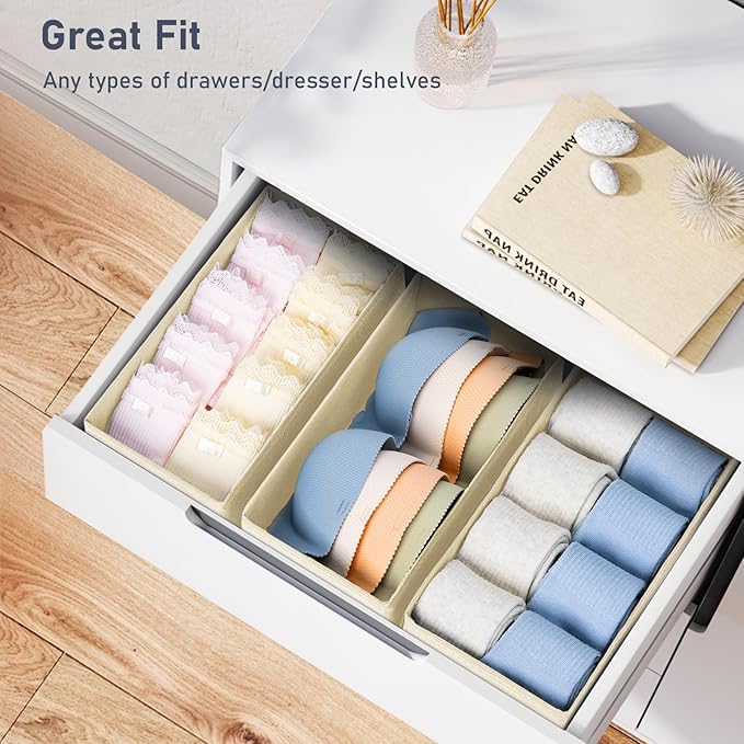 DIMJ Drawer Organizer Clothes - Underwear Organizer Small Sock Organizer Closet Organizers and Storage Box Dresser Drawer Dividers for Baby Clothes,Bra,Socks, Belt, Tie, Set of 6,Beige