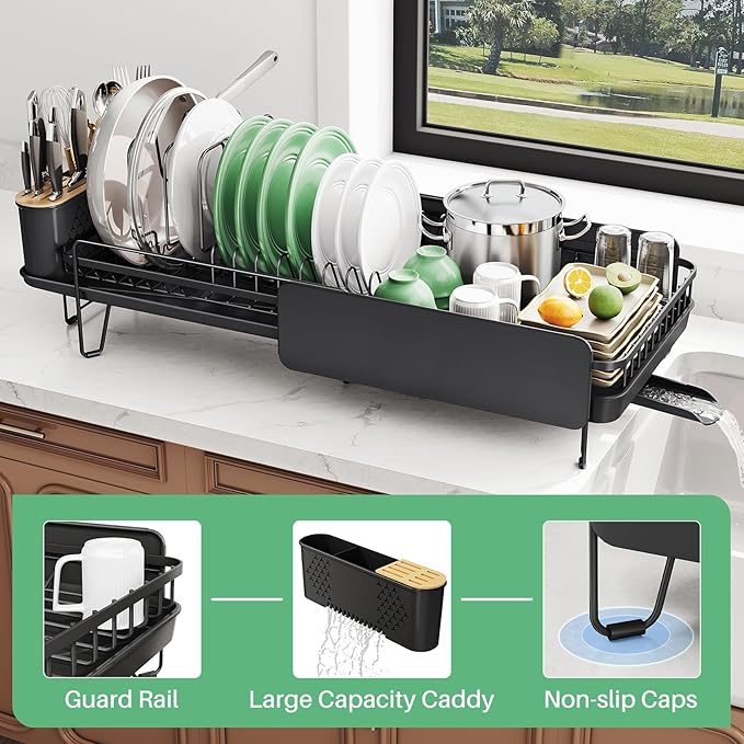 SNTD Large Dish Drying Rack - Expandable (19.3" to 29.4") Dish Rack for Kitchen Counter, Stainless Steel Dish Drainer with Utensil Holder, Pan Holder & Pot Lid Holder, Black