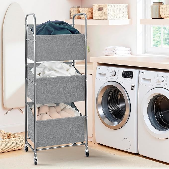 STO STO 3-Tier Vertical Rolling Laundry Hamper with Removable Bags, 120L Stackable Laundry Sorter Basket, Clothes Hamper with Wheels for Small Spaces, Closet, Bedroom, Bathroom, Laundry Room, Gray