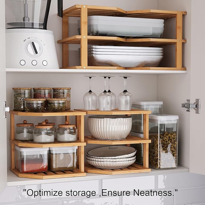 3 Tier Bamboo Corner Shelf(4 Pack),Dish Drying Rack,Plate Organizer,Kitchen Spice Rack for Countertop and Cabinet