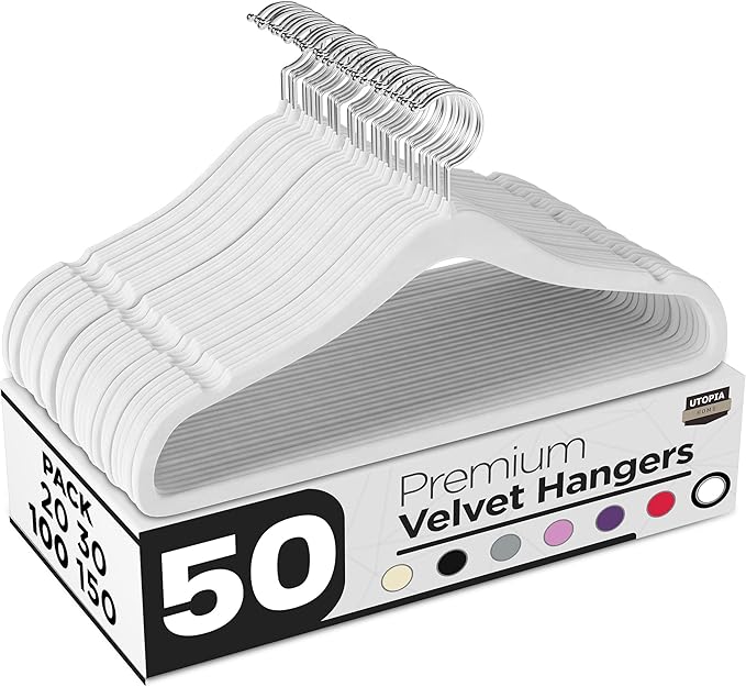 Utopia Home Velvet Hangers 50 Pack – Luxury Non-Slip Slim Suit & Coat Hangers, Strong Space-Saving Clothes Hangers with Pants Bar and 360° Swivel Hook – White