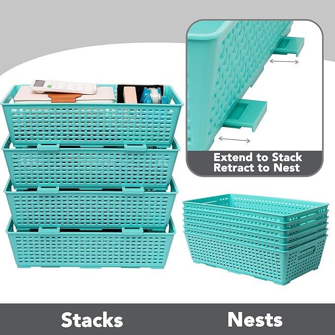 Tiawudi Stackable Woven Plastic Basket, Storage Bins for Cabinet, Closet, Shelf, Under Sink and Countertop, Pantry Organizer Bins, 6 Pack