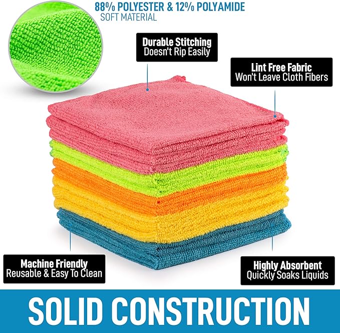 Zulay 12 Pack Microfiber Cleaning Cloths - 12x12 Inch Ultra Absorbent Cleaning Rags for House Washable - Lint Free Microfiber Cloth Kitchen Rags for Cleaning Cars, Windows, Countertops, & More