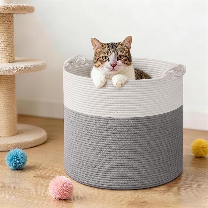 Goodpick 17"x16" Toy Storage for Kids, Home Décor Living Room, Baby Basket for Nursery Playroom, Soft Woven Cotton Rope Baskets for Blankets Pillows Clothes, Grey