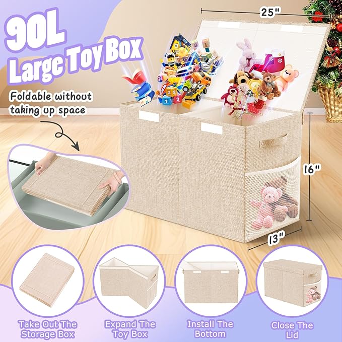 Large Toy Storage Box with Lid Divider, Sturdy Collapsible Toys Organizer Chest Kids Storage Bins Boxes Baskets for Boys, Girls, Nursery, Bedroom, Living Room, Playroom, 25"x13"x16", Beige