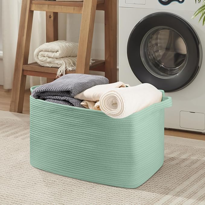 95L Extra Large Blanket Basket, 24" x 16.9" x 14.2" Woven Storage Basket for Living Room, Rectangle Nursery Blanket Storage for Toys, Towels, Dirty Clothes (Green)
