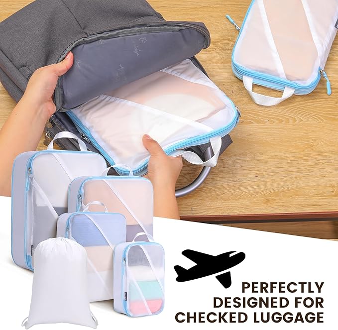 Lightweight Compression Packing Cubes for Suitcases, Compressible Expandable Travel Packing Organizer with Clear Toiletries and Backpack Bag, Travel Essentials for Carry on Luggage 7 Set