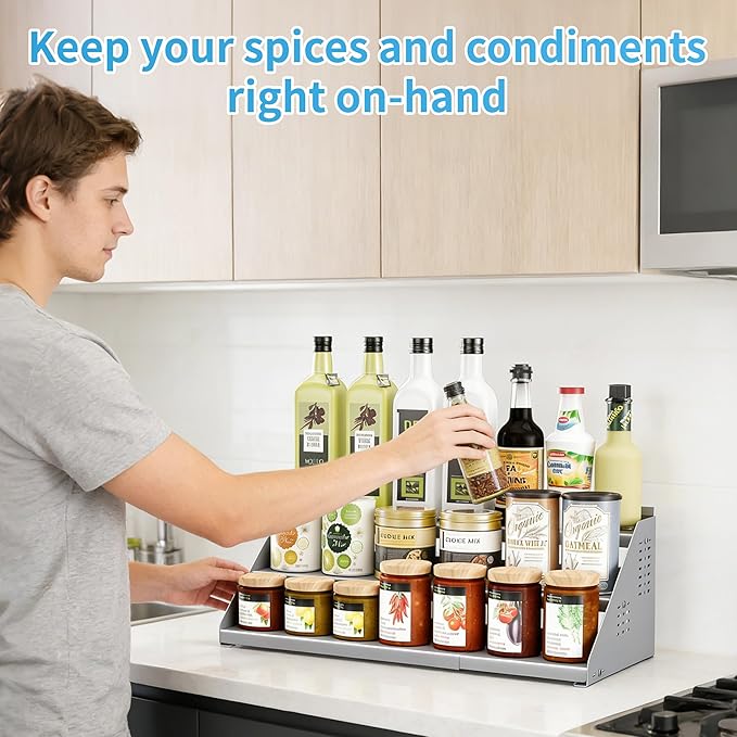 Spice Rack Organizer, Metal Spice Rack Organizer for Cabinet, Countertop Spice Rack - Expandable Width, 3 Tier Spice Shelf for Cabinet, Countertop, Pantry, Cupboard, Gray