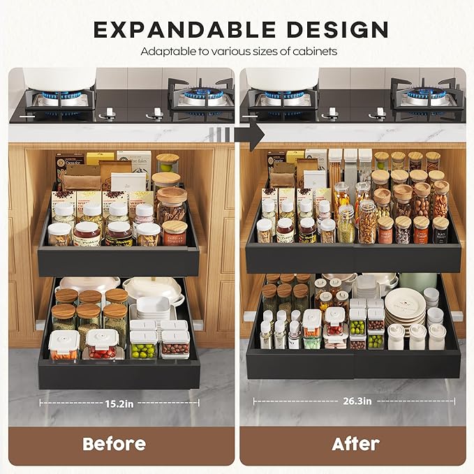 4 Pack Pull Out Cabinet Organizers 21" Deep With Raising Pad for Framed Cabinets, Expandable Width (15.2"-26.3") Slide Out Drawers Upgrade 3 Slide Rails, Roll Out Shelves Adhesive, Black