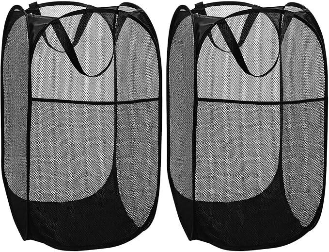 BATTOO Deluxe Strong Mesh Pop up Laundry Hamper Basket with Side Pocket for Laundry Room, Bathroom, Kids Room, College Dorm or Travel 2 Pack Black