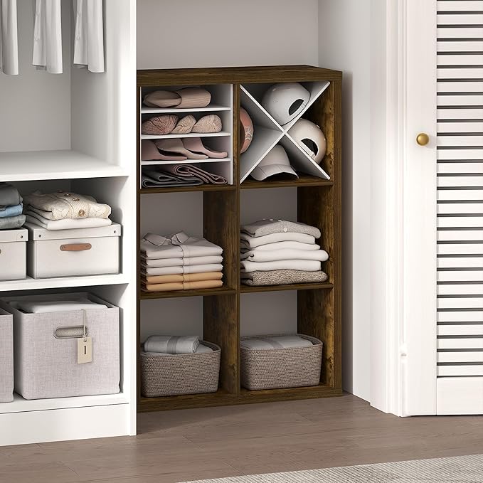 Furinno Cubic Closet Organizers and Storage, 6-Cube Closet Organizer, Open Shelf Closet Storage, Extra Thick Frame for Wardrobe, Bedroom, Living Room, Amber Pine