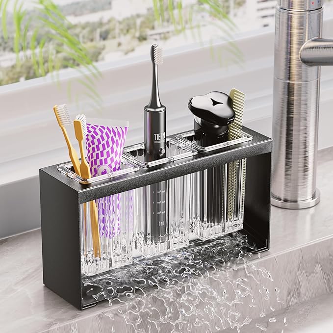 Toothbrush Holders for Bathrooms, Detachable Toothbrush Organizer with 3 Slots, Toothbrush and Toothpaste Holder Set for Countertop Accessories Storage, Tooth Brushing Holder, Black