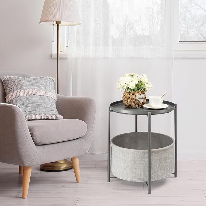 danpinera Round Side Table with Fabric Storage Basket, Metal Side Table Small Bedside Table Nightstand with Removable Tray Top for Living Room, Bedroom, Nursery, Laundry, Gray
