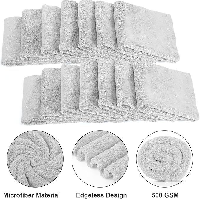Shimeyao 30 Pcs 16 x 16 Inch Edgeless Microfiber Plush Towels for Cars Detailing Drying Wash Polishing Absorbent Cleaning Cloths, 500 GSM (Light Gray)