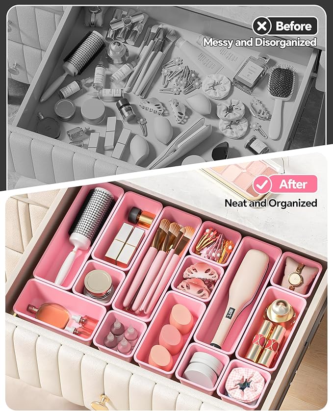 13 Pack Plastic Drawer Organizers Set, 3 Sizes Desk Drawer Organizer Trays for Vanity and Makeup Organizer, Organization and Storage for Makeup, Kitchen Utensils, Bathroom and Office(Pink)