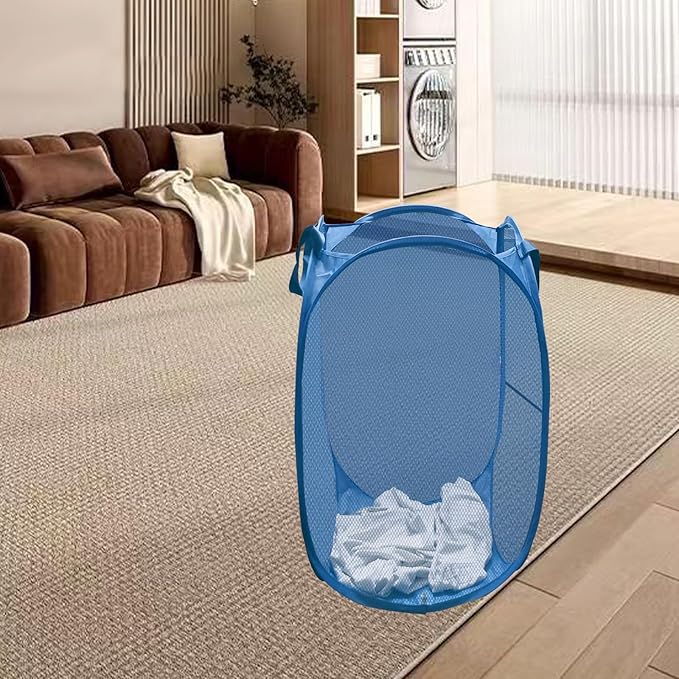 Mesh Pop Up Laundry Hamper for Cruise, Collapsible Laundry Basket Foldable Dirty Clothes Hamper with Handles, Side pocket, Ash Blue