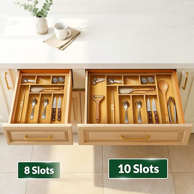 DAVIDOK Expandable Bamboo Drawer Organizer for Kitchen - 8 to 10 Slots Large Silverware Organizer for Utensils, Cutlery, Flatware & Kitchen Gadgets | Multiple Use, Non-Slip Feet Included