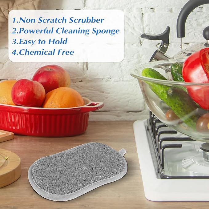 6 Pack Multipurpose Dish Scrubber Sponges, Non Scratch Sponge Microfiber Side for Dish Rough Side for Non Stick Cookware Reusable Sponge Scrub Sponge Dishcloth for Sink Pan Pot Countertop(Grey)