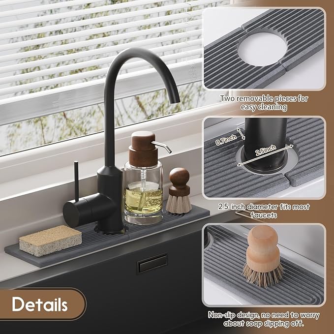 Faucet Mat for Kitchen Sink, Diatomite Quick Drying Tray , 15.8 Inch Kitchen Sink Splash Guard and Bathroom Stone Tray for Counter. Super Absorben.Deep Grey.