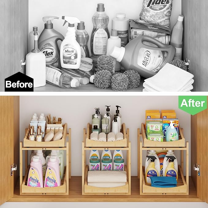 Bamboo Under Sink Organizer and Storage, 2 Pack Pull Out Cabinet Organization, 2 Tier Vertical Slide Out Undersink Storage Shelf, Multi-Purpose Organizer Shelves for Kitchen Bathroom Medicine