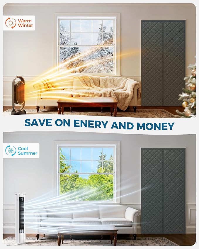 Magnetic Thermal Insulated Door Curtain Fits Door Size 32 x 80 Inch, Insulation Cover for Cold, Oxford Cloth Thicken Cotton Filled Blanket for Front Back Attic Door in Winter, Grey