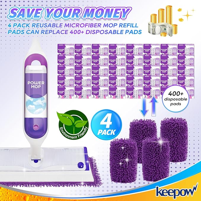 KEEPOW 6 Pack Reusable Mop Pads Compatible with Swiffer PowerMop, Wood Floor Pads Microfiber Mop Replacement Refills Machine Washable for All Floor Surfaces