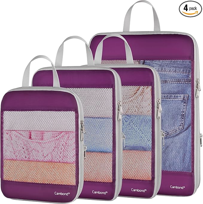 Cambond See Through Mesh Compression Packing Cubes - 4 Set Space Saving Packing Cubes for Travel Women, Lightweight Travel Bags Luggage Packing Organizer Essentials for Suitcases, Purple