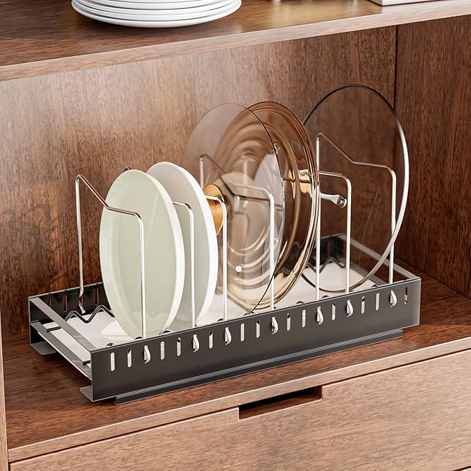 JAQ Pull Out Pots and Pans Organizer Under Cabinet, Slide out Pot Lids Rack Holder with Drain Tray for Plate Cutting Board Baking Sheet inside Cabinets, 10 Adjustable Dividers-Black