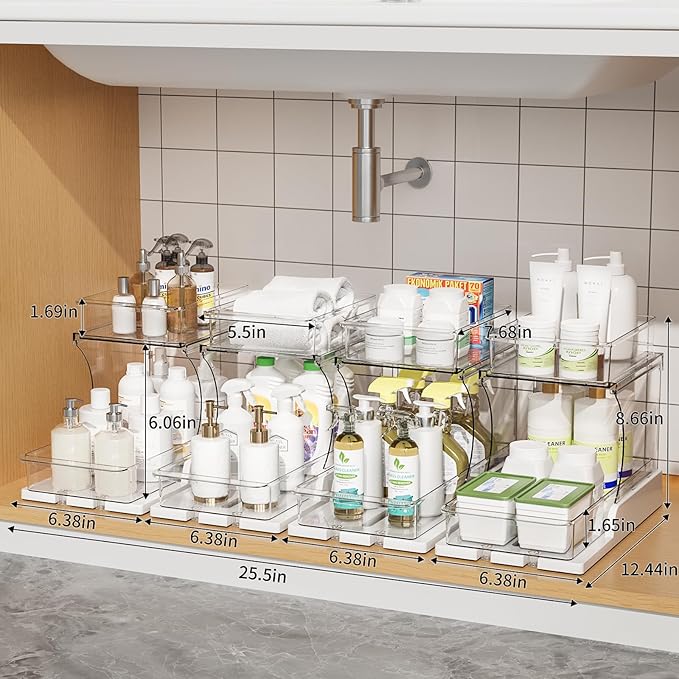 Pull Out 2 Tier Under Sink Organizer Clear Cabinet Organizer for Kitchen Bathroom Storage Rotating Pantry Rack for Spice Organization and Makeup Organizer for Drawer Durable Design 2 Pack