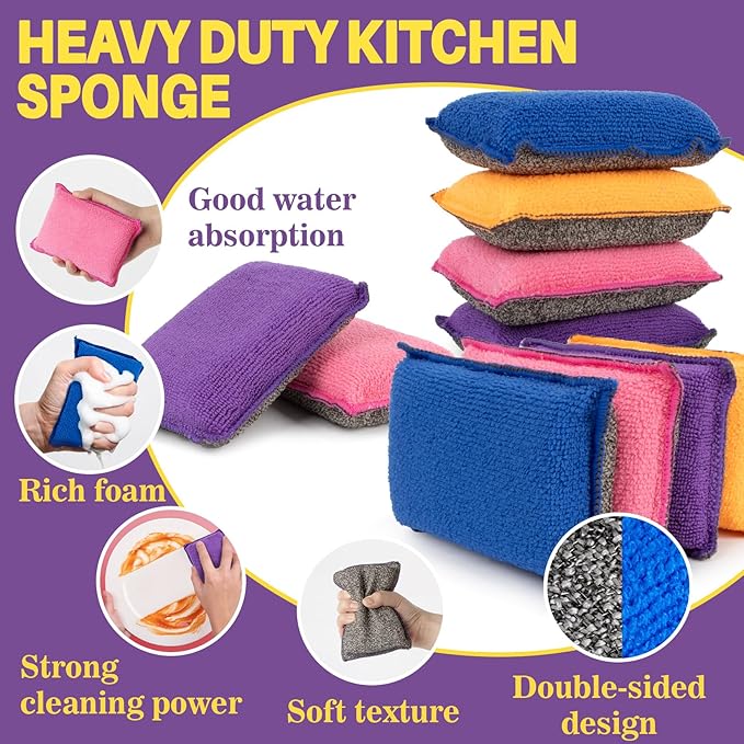 MAQIHAN 8 Pack Microfiber Sponge Kitchen - Dish Scrubber Sponge Non-Scratch Reusable High Density Heavy Duty Kitchen Sink Dish Sponge for Washing Dishes, Pans, Household Cleaning Sponges 4 Colors.