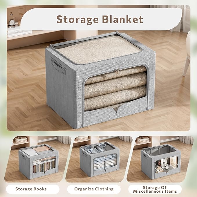 FHSQX 3 Pack Clothes Storage Bins Foldable Metal Frame Storage Box Extra Large Stackable Linen Fabric Organizer Set with Carrying Handles and Clear Window (Light Gray, 23.6x16.5x15.7inch(100L))