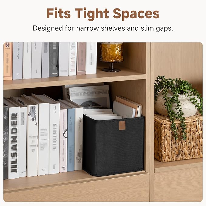 StorageWorks Narrow Baskets for Storage, Fabric Storage Bins, Small Baskets for Organizing with PU Handle, Great for Clothes, Books, and Laundry Items, Black, 2-Pack