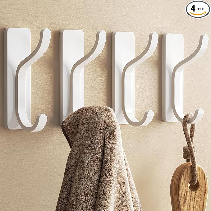 pickpiff Adhesive Wall Coat Hooks - Heavy Duty Stick-On Door Hanger, Metal Hook for Hanging Towel,Purse, Robe, Backpack, Jacket, Clothes - for Bathroom,Dorm, Closet, Kitchen - White, 4 Pack