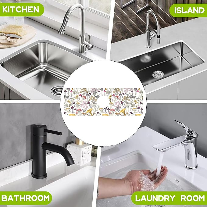 Kitchen Sink Splash Colorful Mushrooms Guard Faucet Mat Super Absorbent Fast Drying Mat Guard Behind Faucet Drip Catcher for Kitchen Bathroom, 15.5"X5.5"