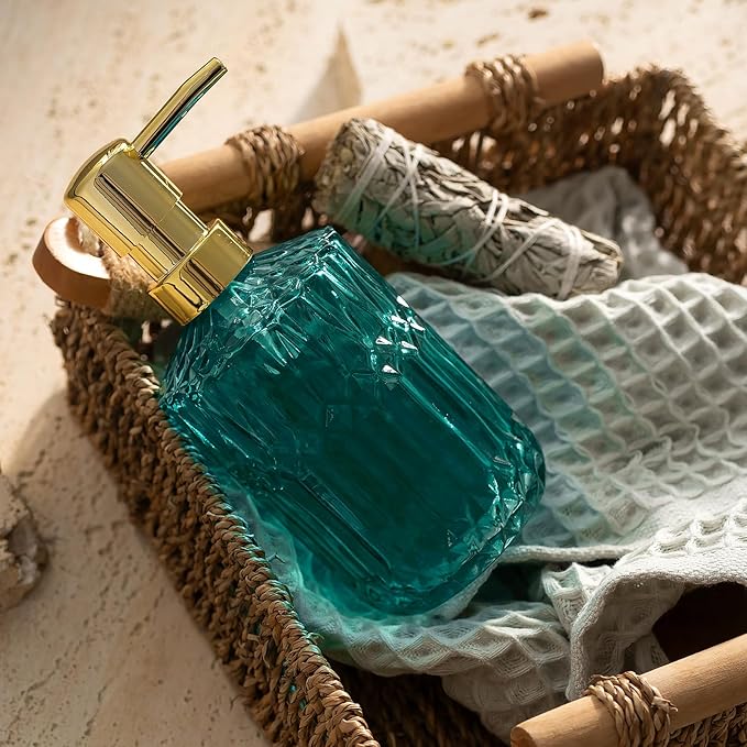 EMPO Clear Glass Soap Dispenser with ABS Plastic Pump, Crystal Lotion Dispensers for Kitchen Sink, Bathroom (Ocean Teal)