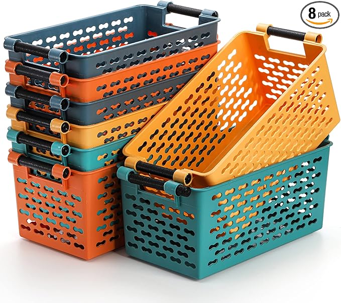 Yesland 8 Pack Plastic Storage Basket for Shelves, 12 x 6 x 5 Inches Basket Organizer Bin with Handles Sturdy Closet Baskets for Home Office Closet - Yellow, Orange, Blue, Green