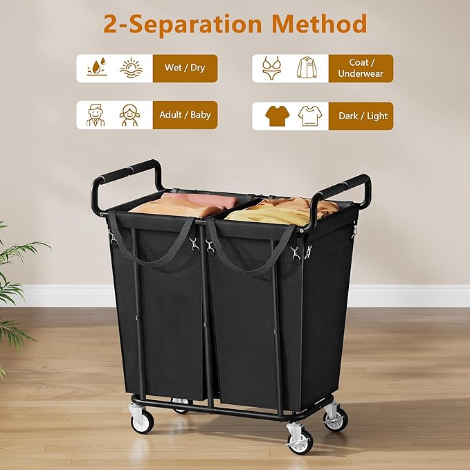 Large Laundry Hamper with Wheels, 2 - Bag 250L Rolling Medium Laundry Basket Sorter Cart, Medium - Sized Laundry Clothes Hamper, Heavy Duty Laundry Basket Organizer for Laundry Room, Bathroom