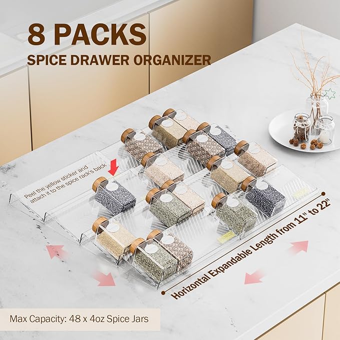 Spice Drawer Organizer, 8 Pack Clear Seasoning Organizer Rack, Expandable From 11" to 22" Wide Kitchen Spice Rack Organizers for Drawer, Countertop (Jars Not Included)