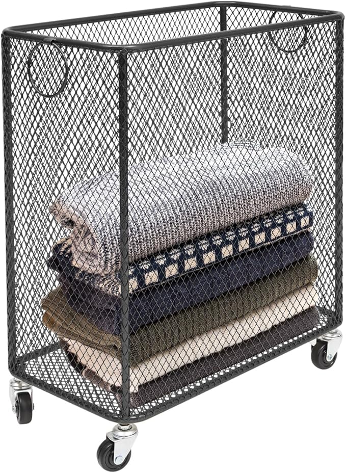 Black Metal Laundry Basket with Wheels, Rolling Laundry Hamper Cart Metal Mesh Laundry Clothes Sorter Storage Cart Organizer Basket Durable for Home