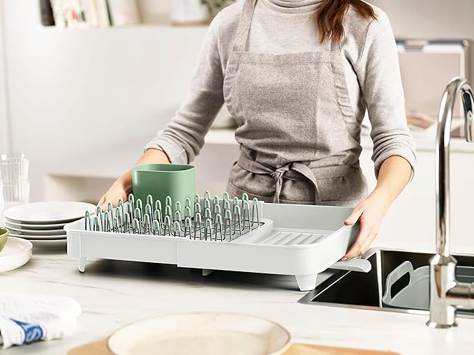 Joseph Joseph Extend Expandable Dish Drainer Rack with Removable Flatware Holder Swivel Draining Spout - Stone/Sage Green