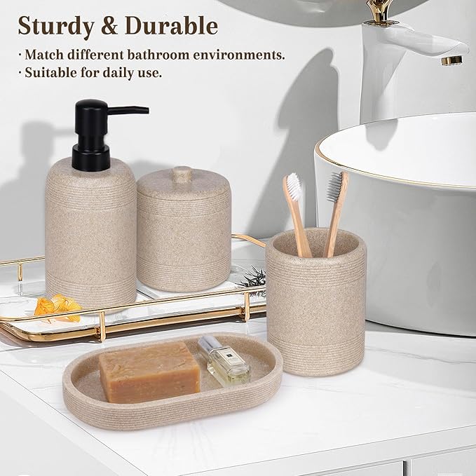 Haturi Beige Bathroom Accessories Set, 4 Pcs Stone Style Lotion Dispenser, Toothbrush Holder, Qtip Holder, Vanity Tray for Countertop Organization – Elegant Modern Neutral Bathroom Decor