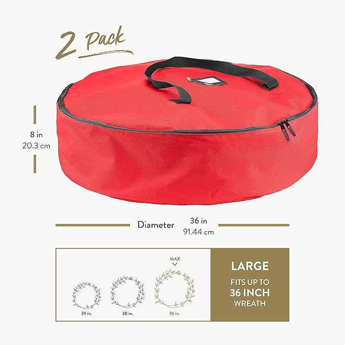 ZOBER 2 Pack Oxford Christmas Wreath Storage Container 36 Inch - Wreath Bag for Artificial Wreaths Box - Waterproof Fabric, Dual Zippered Wreaths Storage Bag With Strong Durable Handles - Red
