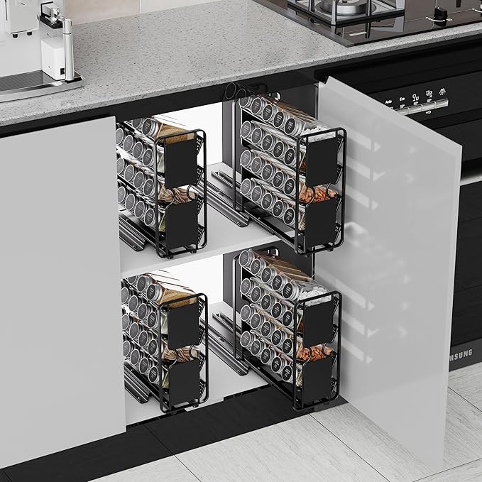 Spice Rack Organizer Drawer Cabinet: Pull Out Spice Seasoning Organization with 20 Jars - Facing Left or Right with Labels and Chalk Maker 4 Tier Slide Out Kitchen Storage for Countertop Wall Mount
